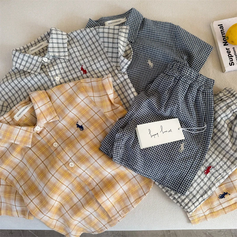 儿童套装2025夏季新品男女童刺绣格子套装宝宝衬衫两件套潮