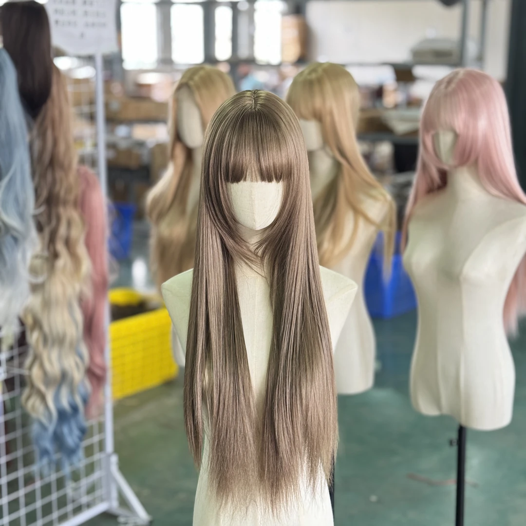 假发全头套亚麻灰棕色高层次长直发修饰脸型清冷感古早女神款假发