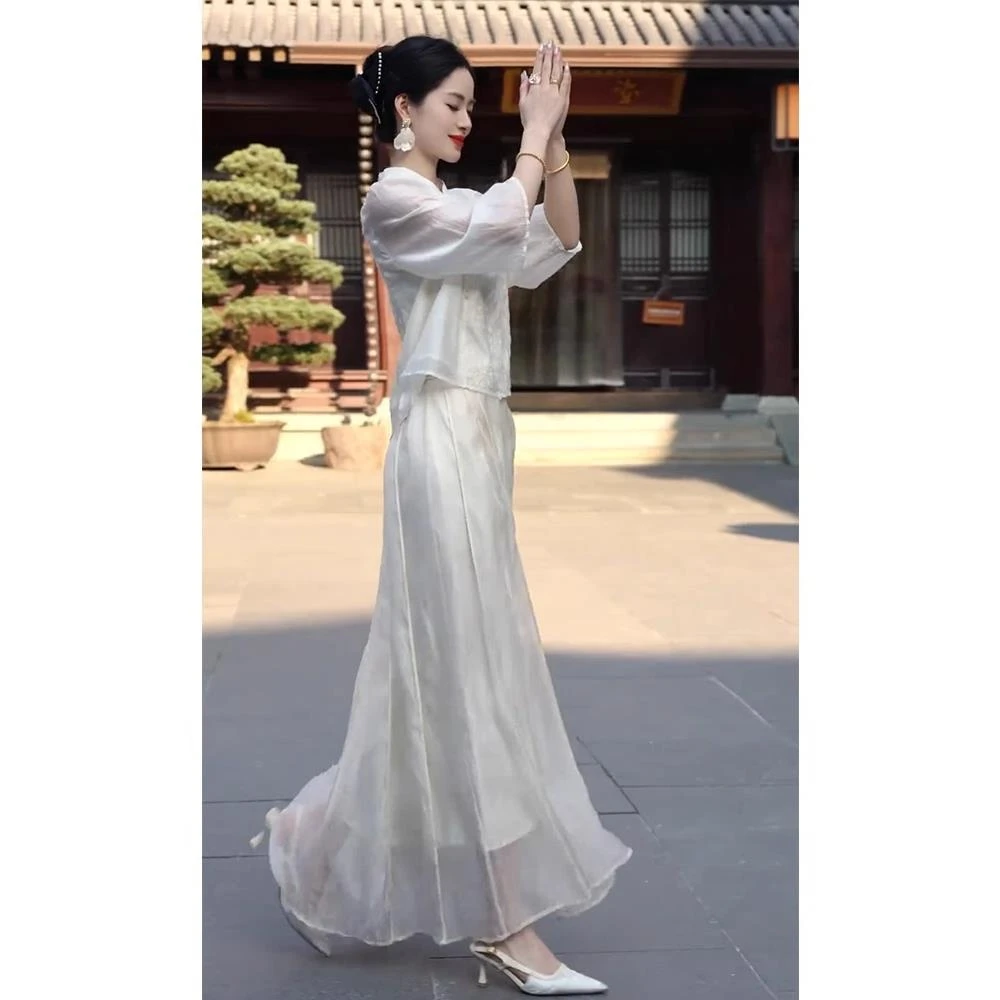 初夏穿搭一整套重要场合气质高端女神范新中式国风白色上衣套装裙