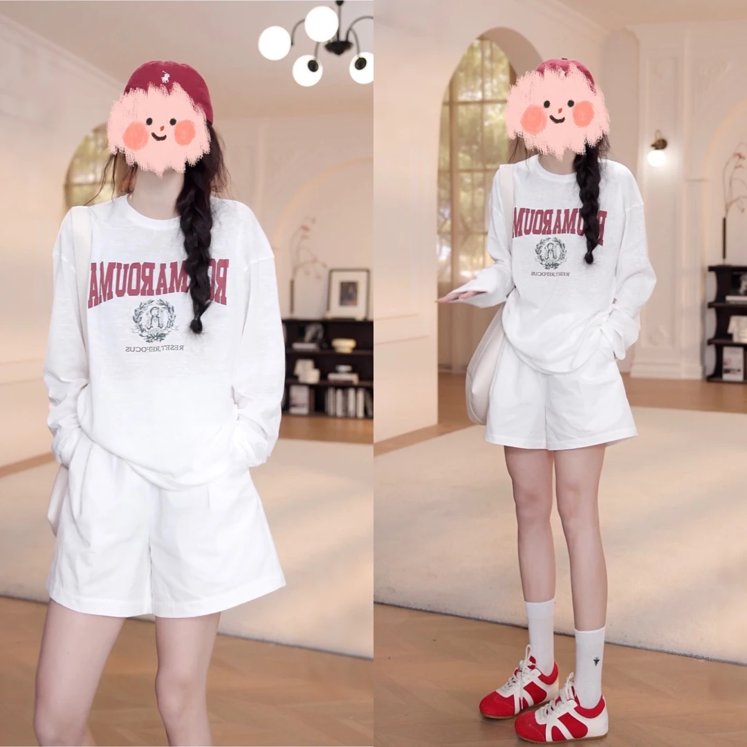 百搭字母防晒少女感T恤短裤套装慵懒风减龄长袖短裤两件套