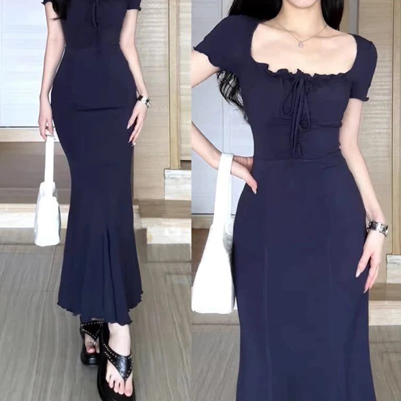 蓝色方领连衣裙女夏季辣妹修身收腰纯欲小妈风包臀鱼尾长裙