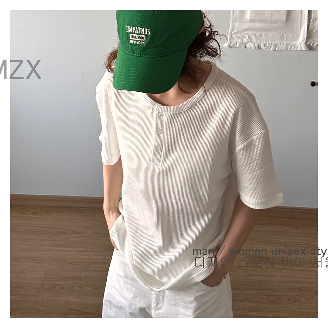 IMZX亨利领百搭短袖T恤男夏季宽松休闲时尚穿搭纯色潮流半袖上衣