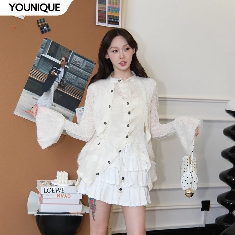 【Facil design】新品25春夏月穆花卉拼纱英伦荷叶边衬衫女