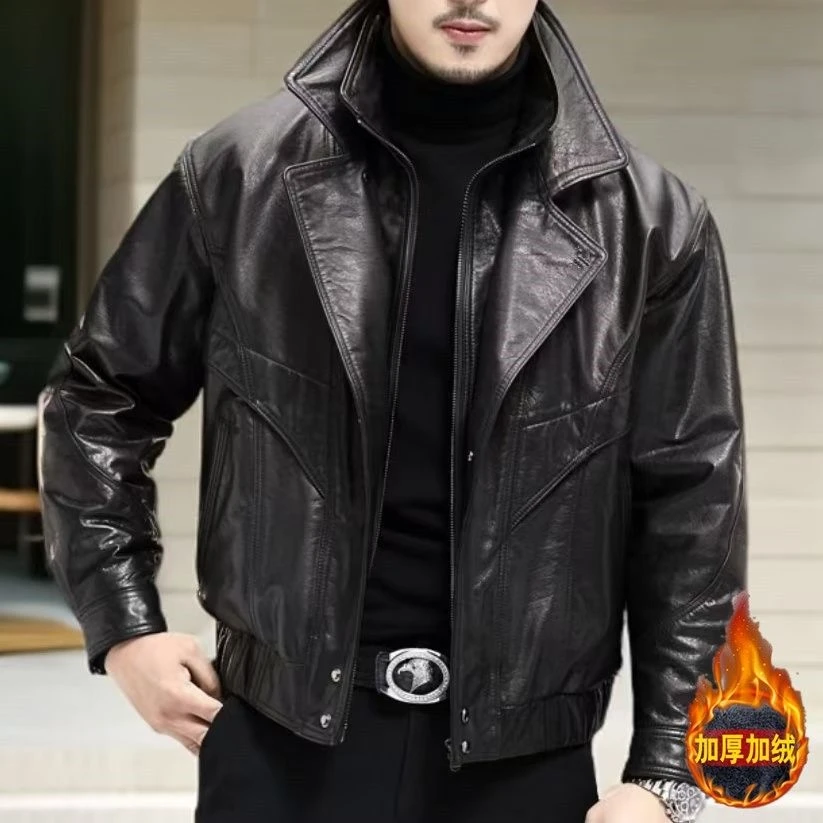 秋冬新款加绒皮衣男士修身百搭外套立领机车服韩版潮流休闲皮夹克