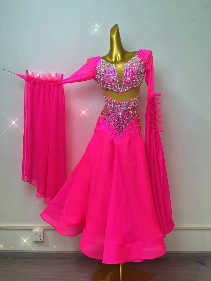 舞依阁定制新款玫红色摩登舞国标舞交谊舞华尔兹高档定制跳舞裙