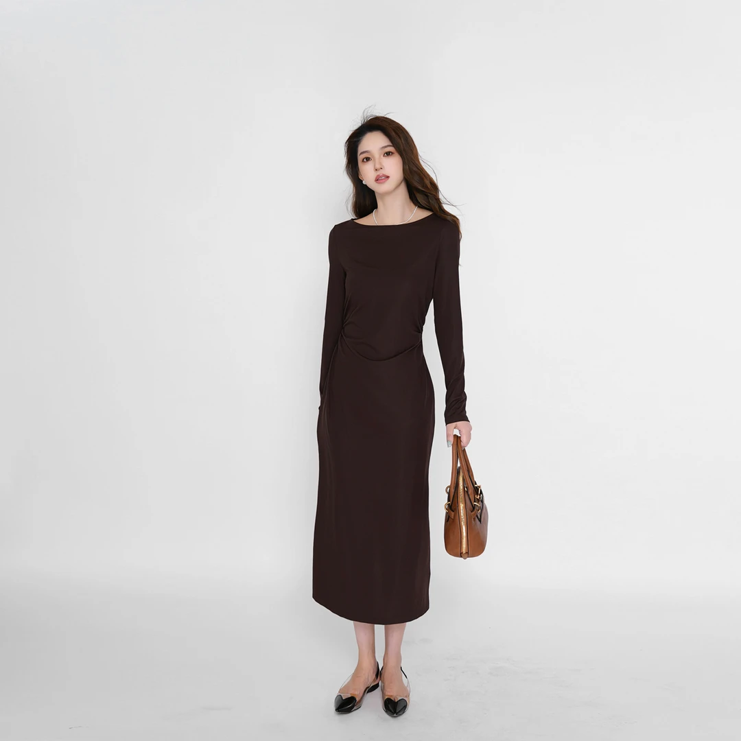 CsyX2-2025S/S早秋新款“巴黎旧梦”长袖腰部收褶连衣裙CZ5CL005