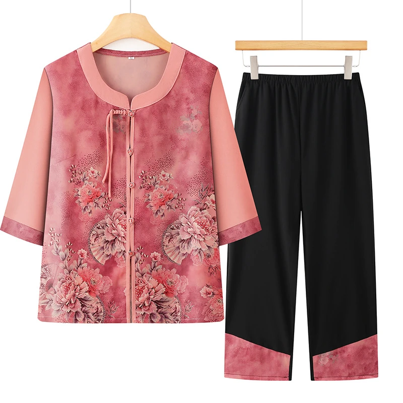 中老年人夏装妈妈七分袖薄款套装奶奶新中式衬衫两件套老太太衣服