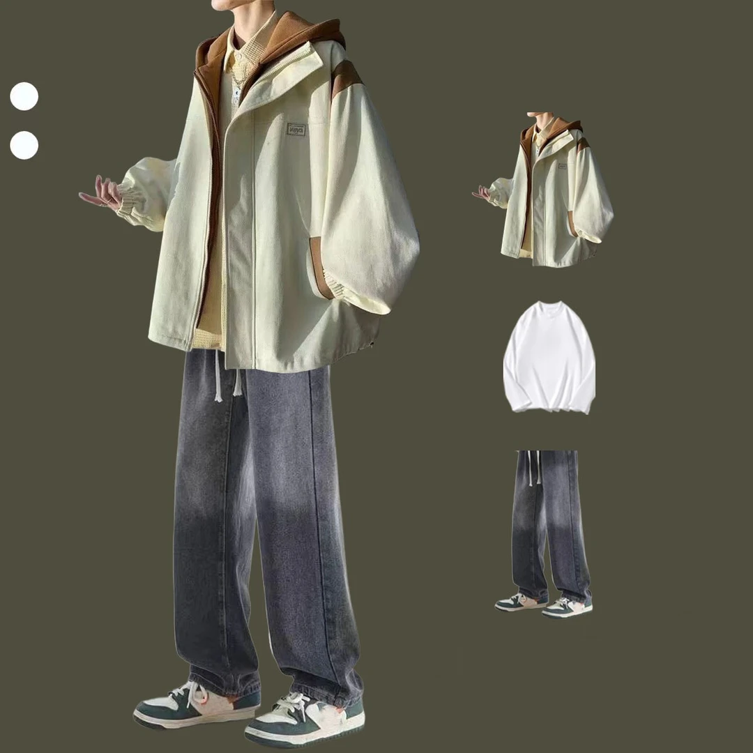 潮牌休闲运动套装男春秋季2025新款潮流连帽假两件冲锋衣搭配一套