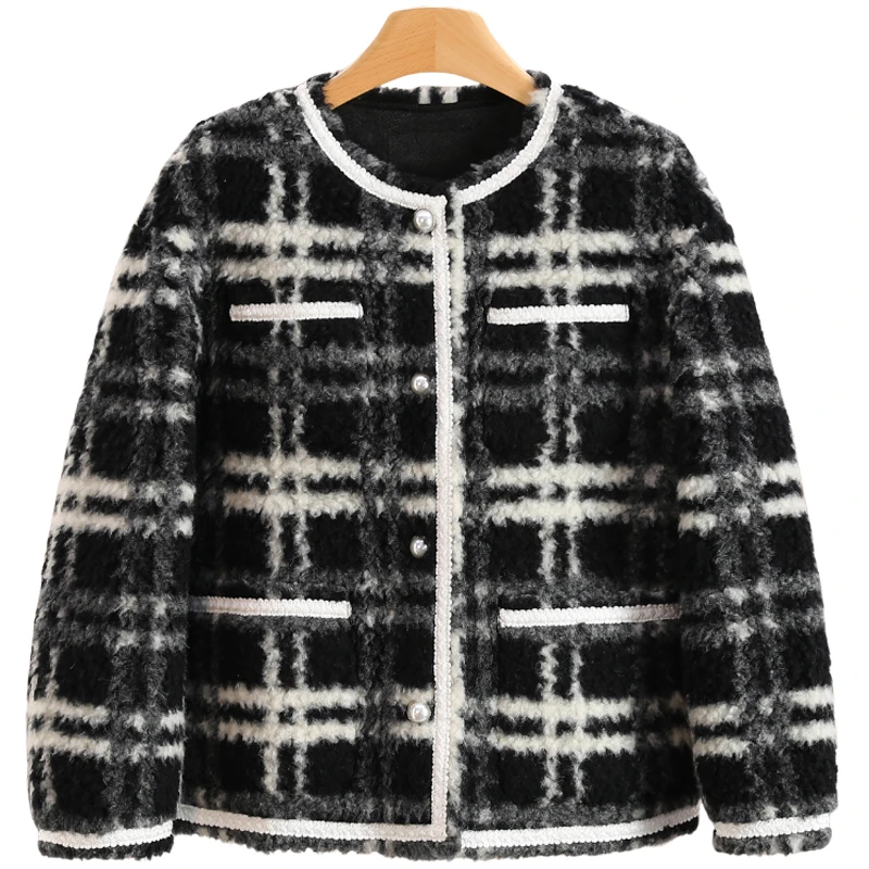 F7386-【芭】通勤时尚格纹圆领短款毛呢外套#RBD58W012