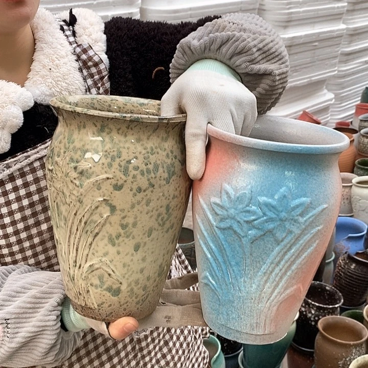 红泥花盆瑕疵口15高24