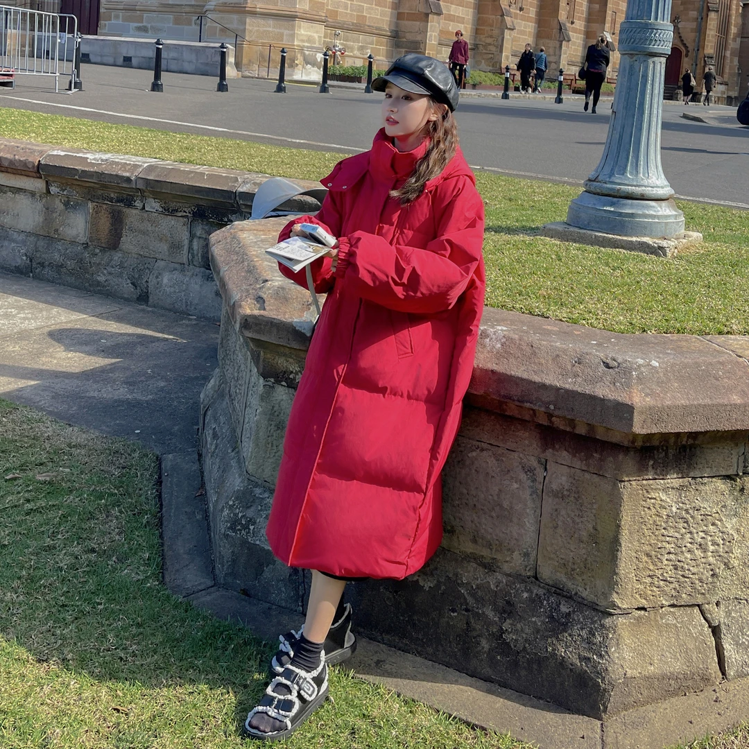 新年红外套设计感过膝羽绒棉服女2025冬季新款连帽气质面包服棉袄