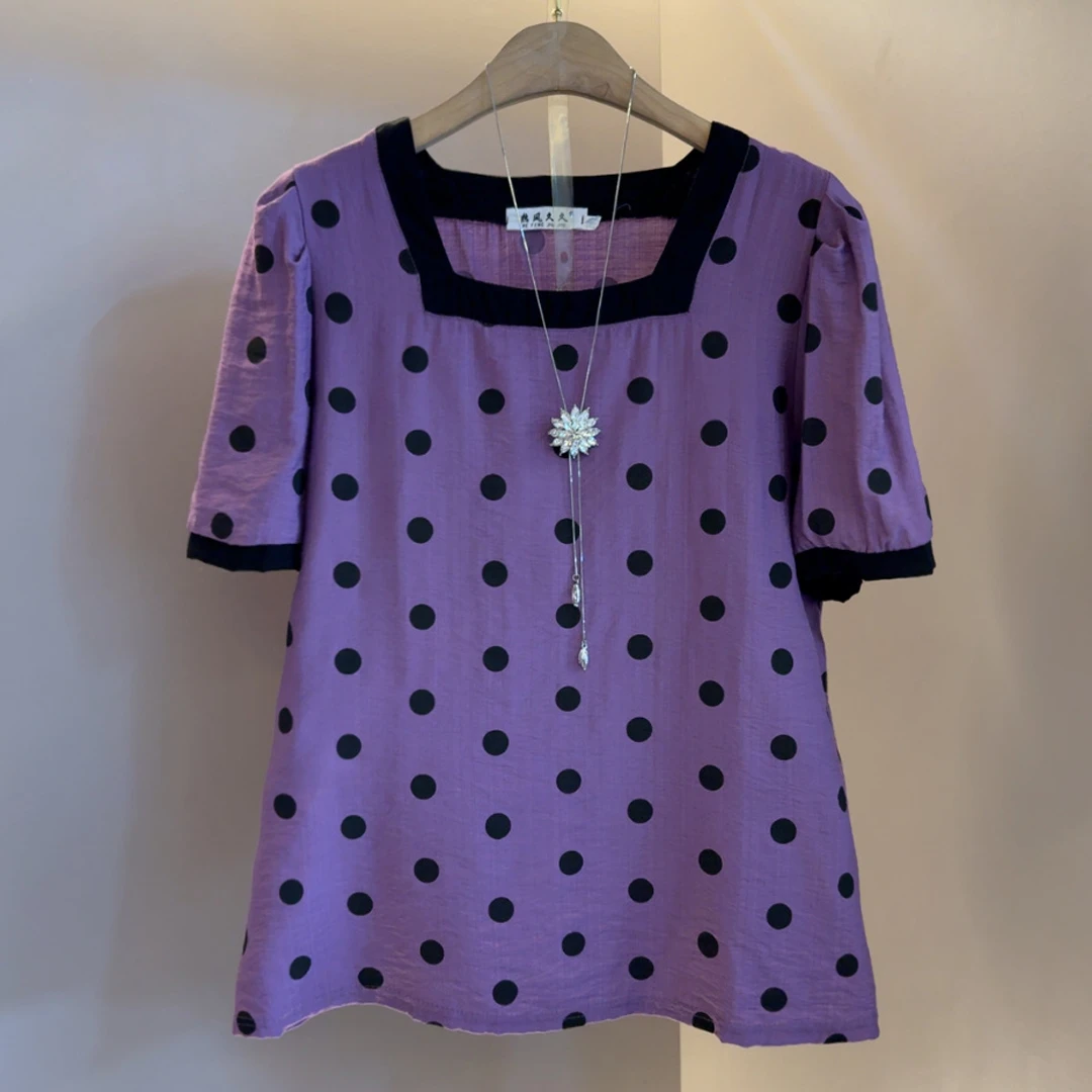 小清新韩系撞色圆点翻领短袖雪纺宽松显瘦T恤衫