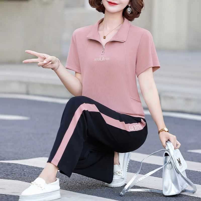 中老年妈妈夏季时尚休闲短袖运动服套装女中年T恤上衣长裤两件套
