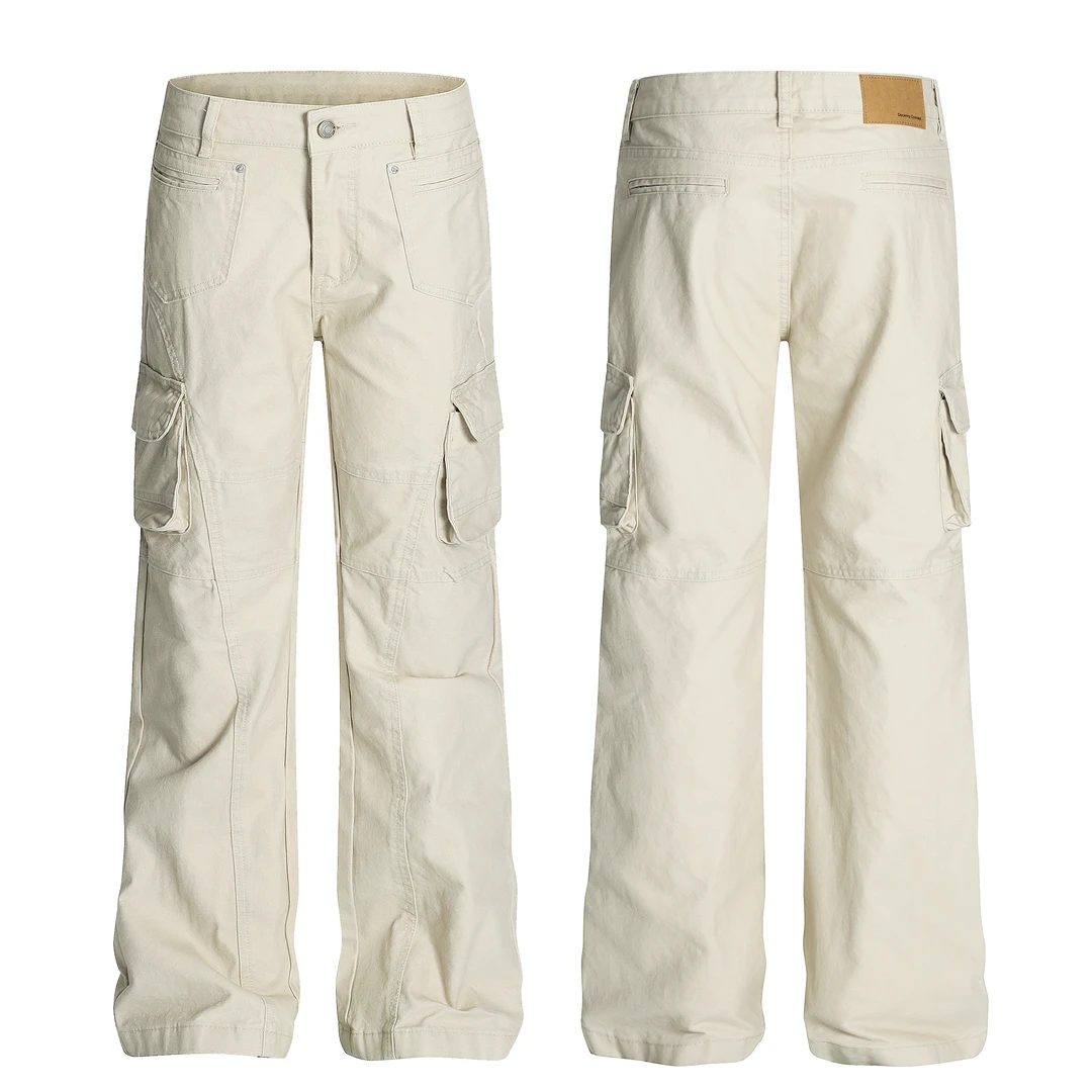 E23美式复古米白色多口袋工装裤男款男女宽松褶皱直筒裤子