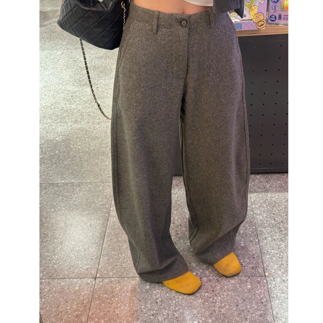 【Da Wang】灰色毛呢弯刀裤高腰直筒休闲裤