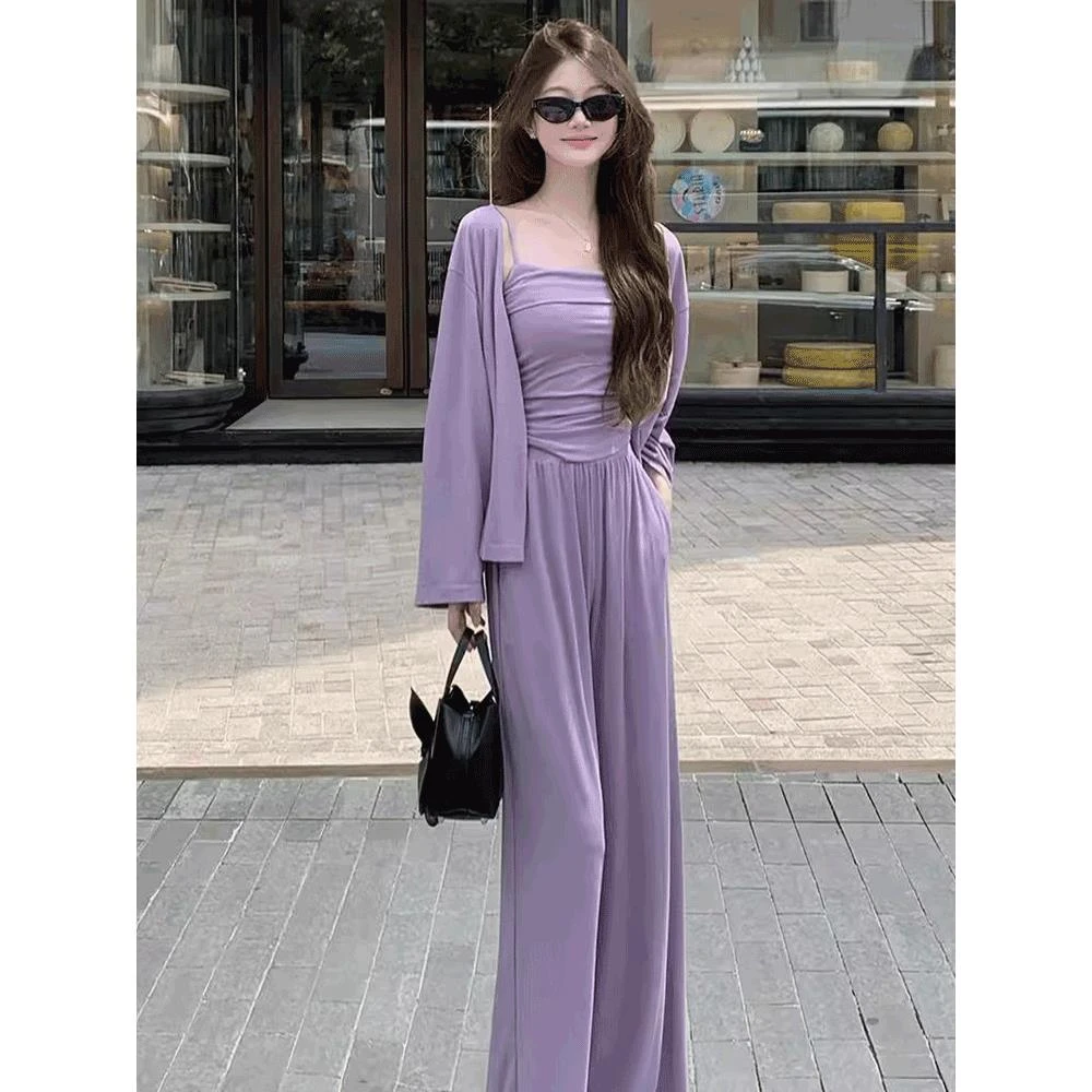 2025超火春装一整套休闲时尚套装女气质紫色吊带开衫阔腿裤三件套
