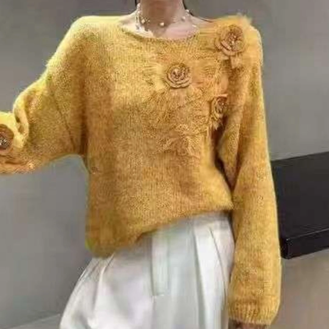 珍姐精选立体花朵圆领针织衫女韩版显瘦秋冬长袖毛衣上衣532