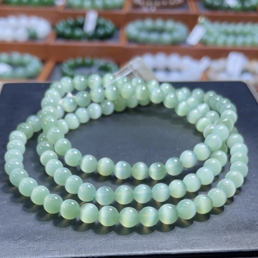 和田玉俄料碧玉冰底晶体一线猫绿猫眼手串多圈项链6mm