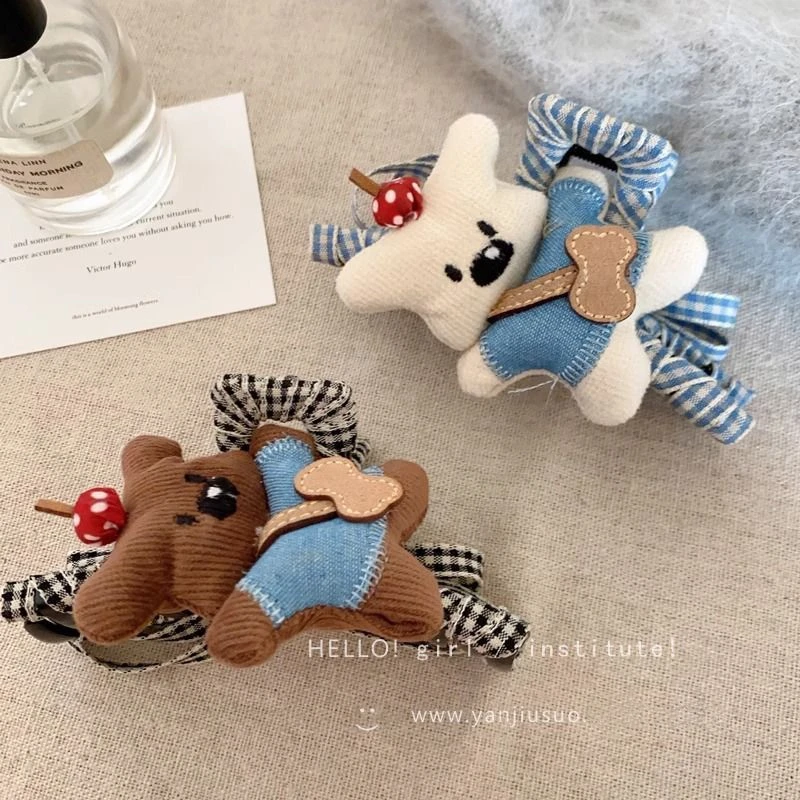 可爱卡通挎包小熊抓夹不对称布艺格子蝴蝶结发夹后脑