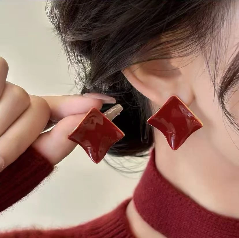铜合金珐琅耳饰 小众设计感时尚轻奢潮流几何不规则红色耳钉1186