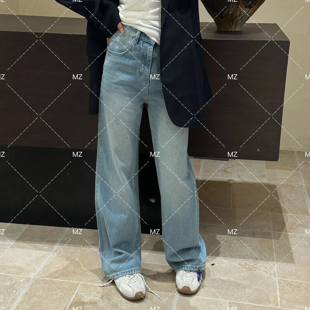 水光蓝牛水洗窄版高腰牛仔裤A727