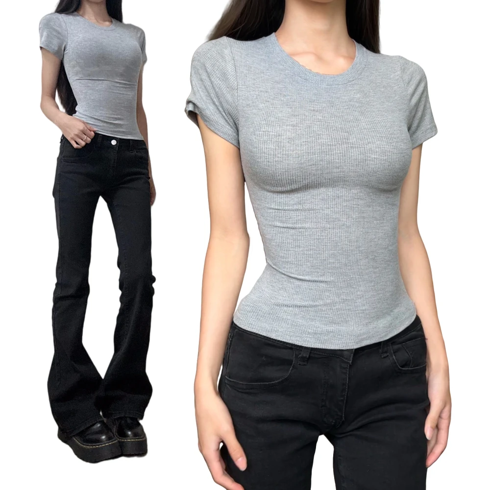 灰色圆领短袖t恤女夏季修身正肩打底衫内搭裸感弹力上衣2025新款