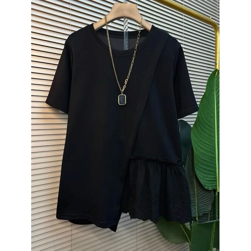 胖妹妹240斤大码不规则设计感拼接蕾丝短袖上衣女夏季宽松显瘦T恤