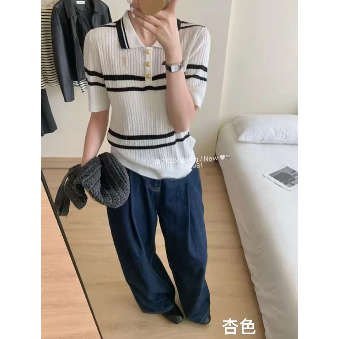 【坦姐严选 实体品质】条纹短袖针织衫短款修身气质洋气半袖8510