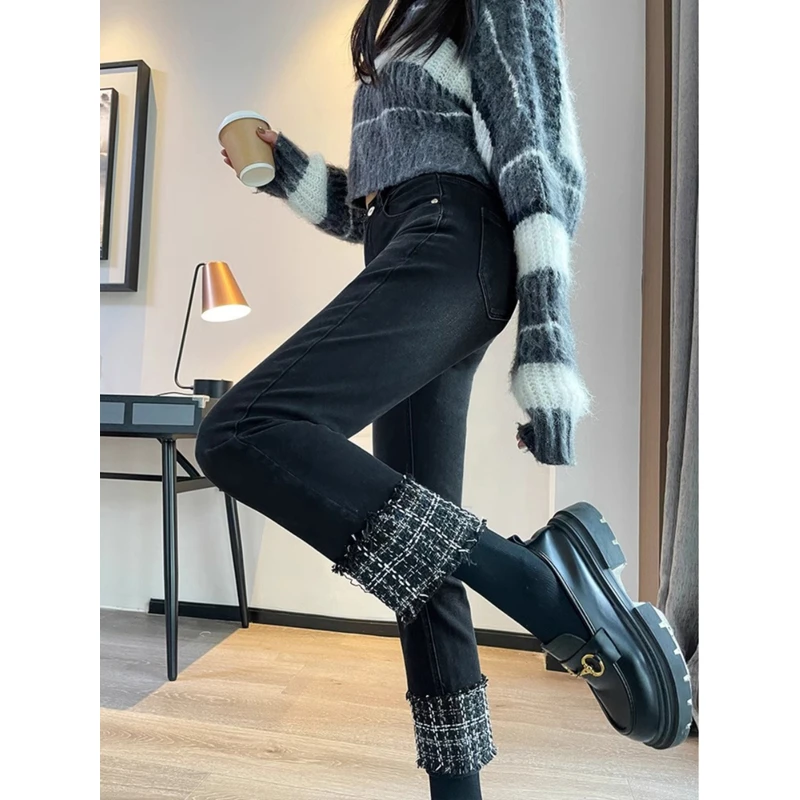 黑色九分裤牛仔裤女高腰显瘦大码2025秋季新款爆款烟管直筒裤子