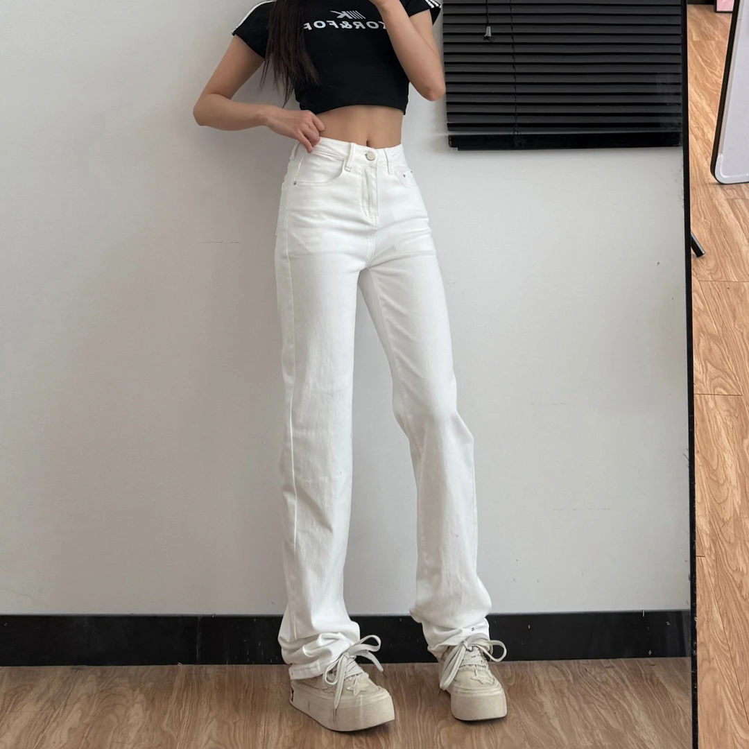 2025春季白色高腰直筒修身牛仔裤175高个子显瘦垂感拖地裤8501