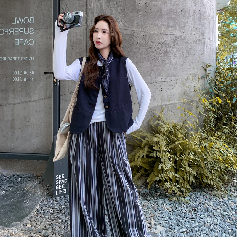 韩系设计感马甲条纹显瘦阔腿裤套装两件套女2025早春秋气质减龄