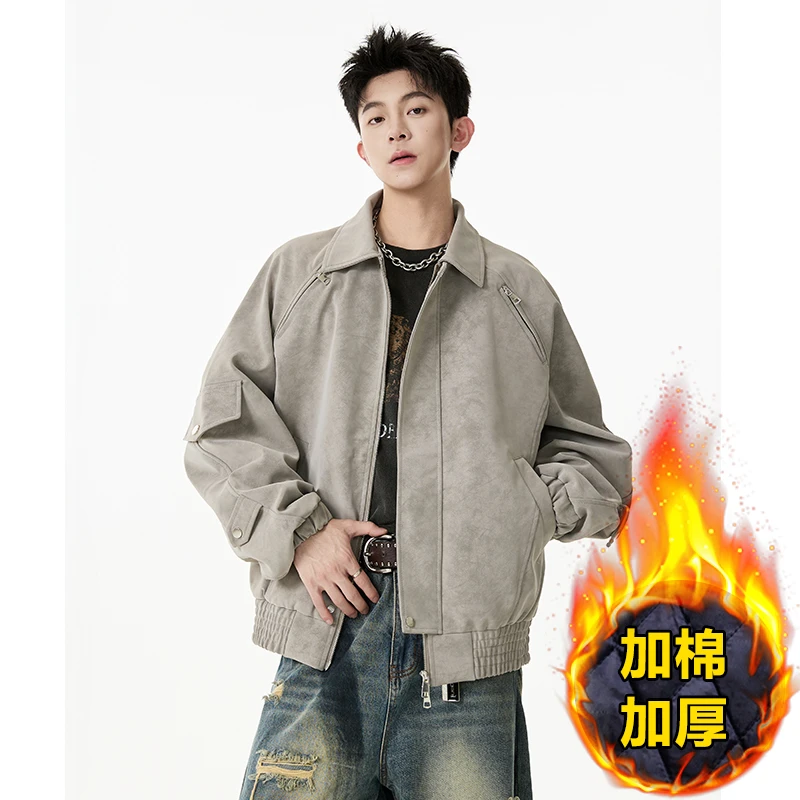 美式夹克男款秋冬季加棉潮流皮棉服工装翻领复古高级感机车服外套