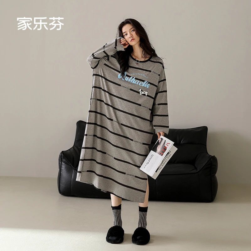 家乐芬睡裙女士睡衣春秋季纯棉长袖条纹裙子大码斑点狗长款可外穿