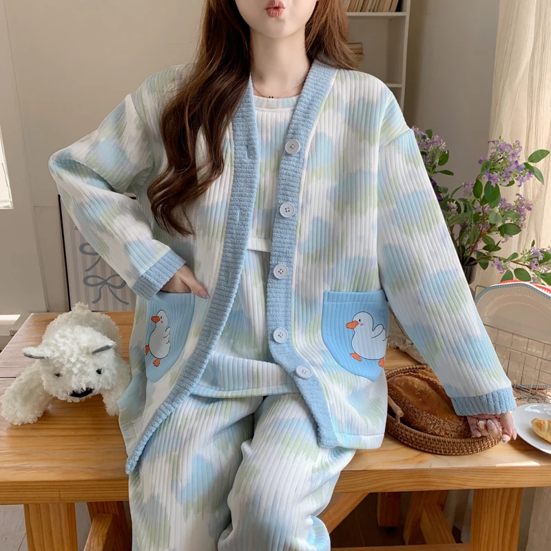 空气棉秋冬季三件套哺乳孕妇睡衣产后产妇喂奶春秋加厚月子服套装