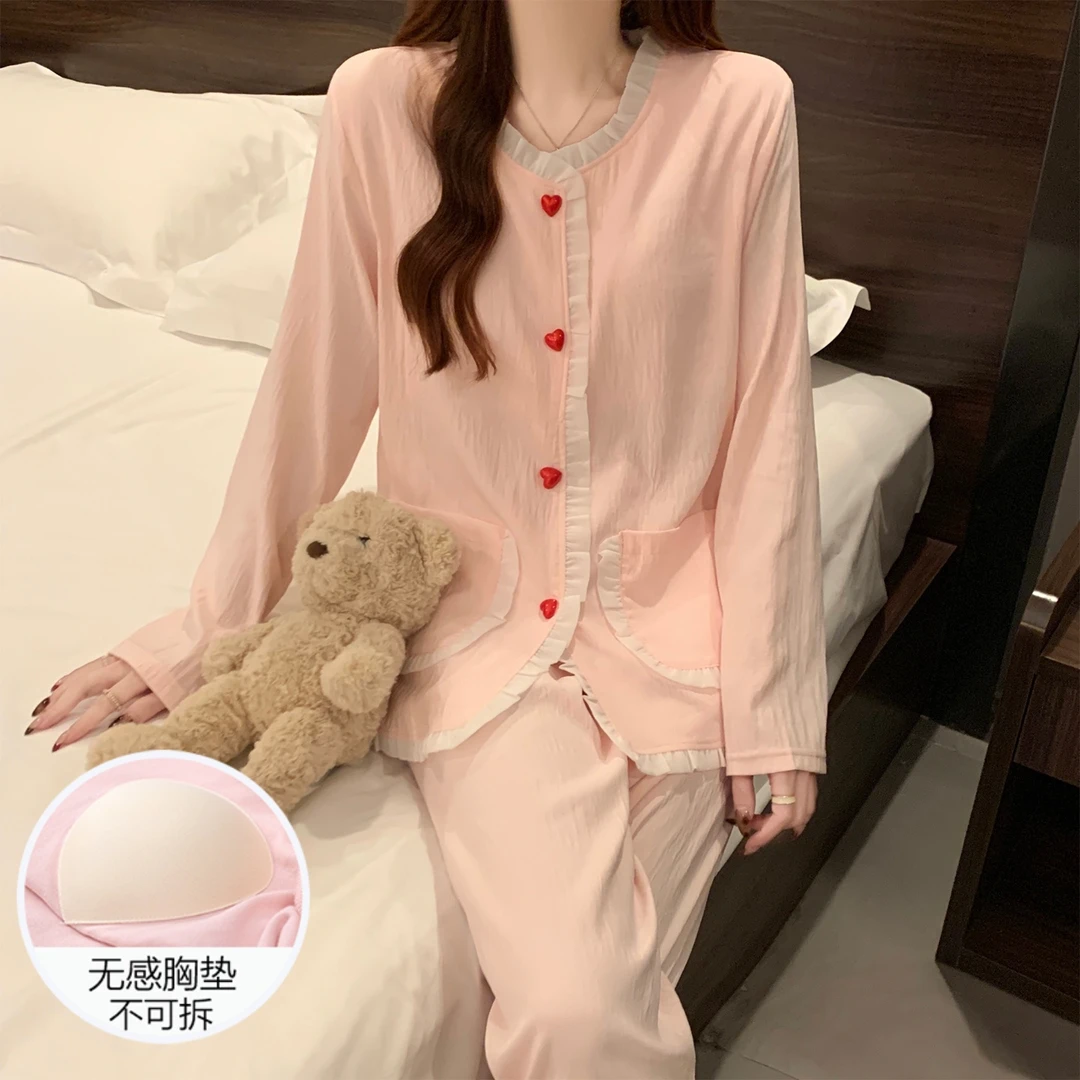 云朵棉睡衣女春秋冬季长袖大码带胸垫25新款奶呼呼粉色套装家居服