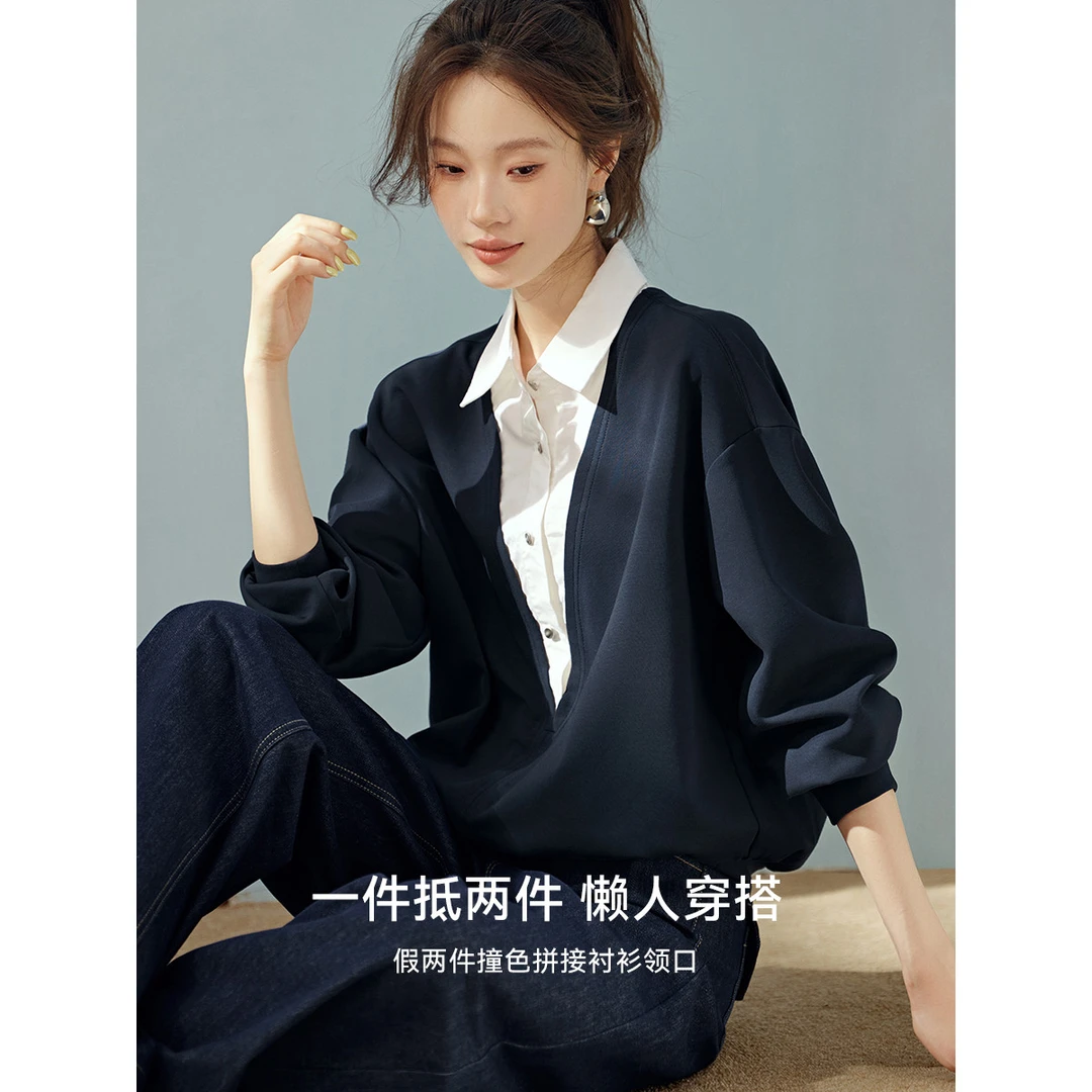 都市气质上衣春秋女外穿时尚休闲小众假两件宽松拼接领口新款卫衣