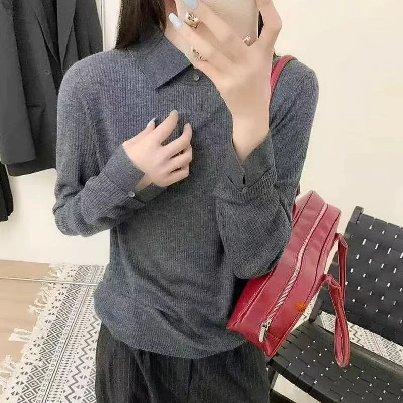 格调美美2622 法式翻领套头针织衫打底毛衣女秋冬季