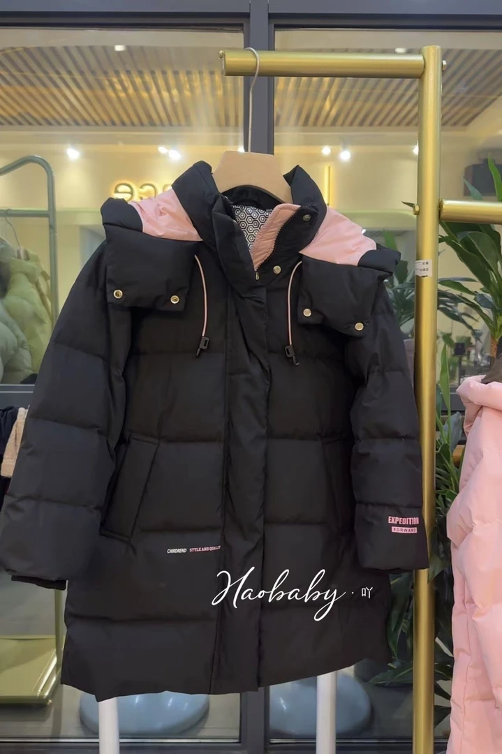 【haobaby】2024字母中长款拼色帽羽绒服6010