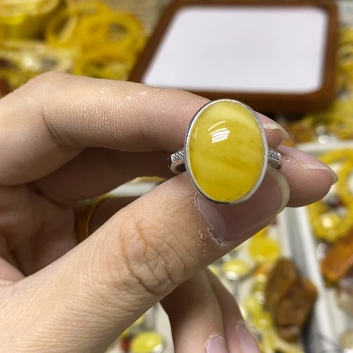 蜜蜡银S925镶嵌裸石戒指