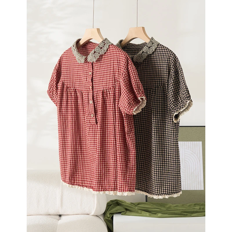 [68岁小姐姐]复古减龄格纹蕾丝花边娃娃领棉麻短袖衬衫TA56 0988