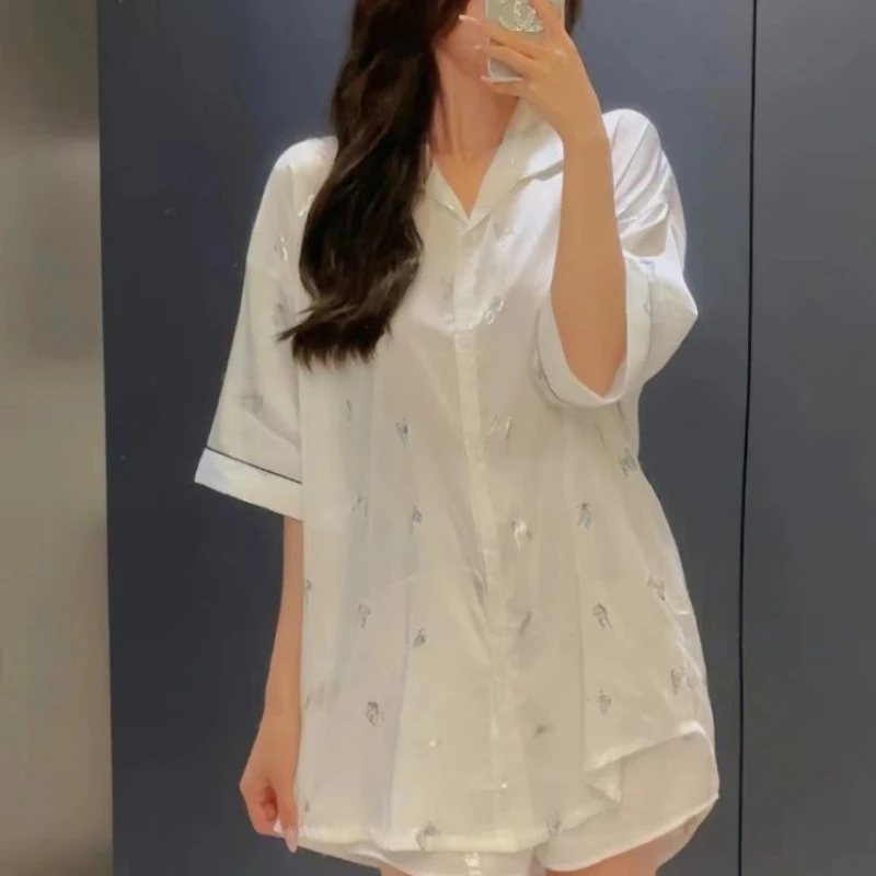 【蝶恋光影】蝴蝶雪丝女士睡裙春夏时尚薄款宽松韩版甜美白色家居服