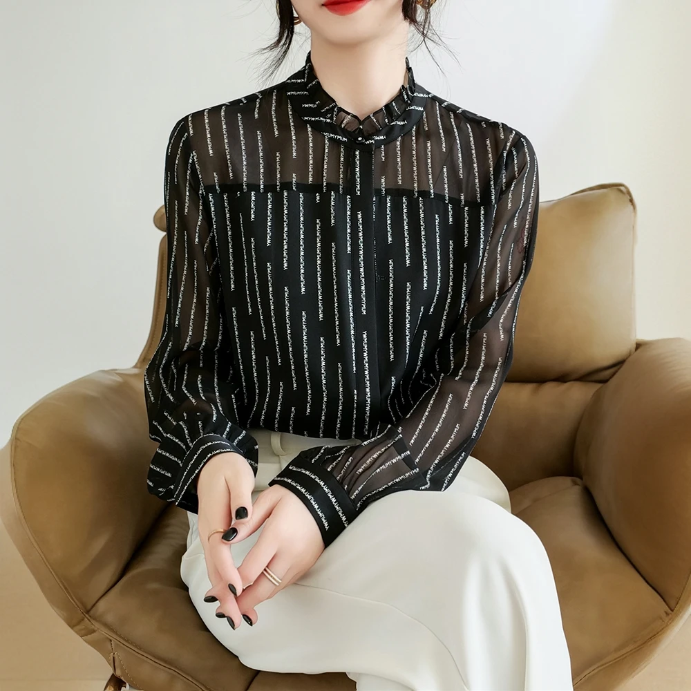 元杉衬衣女装乔其真丝长袖衬衫女秋季气质时尚桑蚕丝上衣黑色宽松