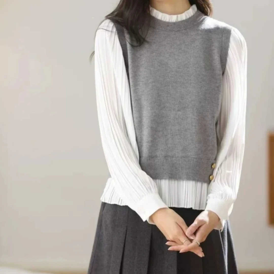 韩系拼接针织假两件春款衬衫