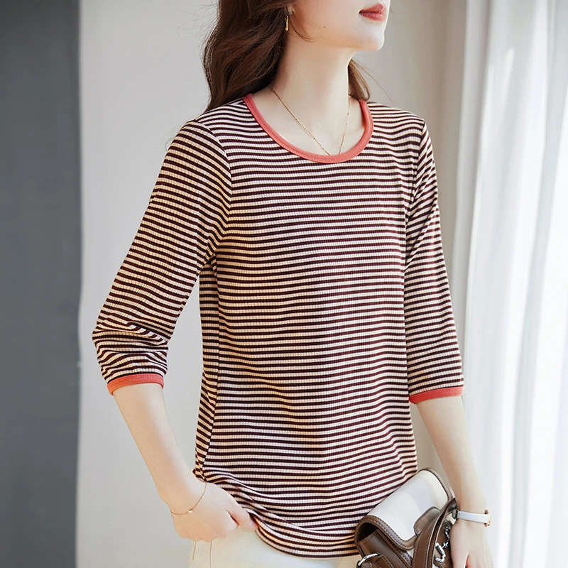 中袖条纹t恤女2025年春装新款妈妈宽松大码七分袖上衣圆领打底衫