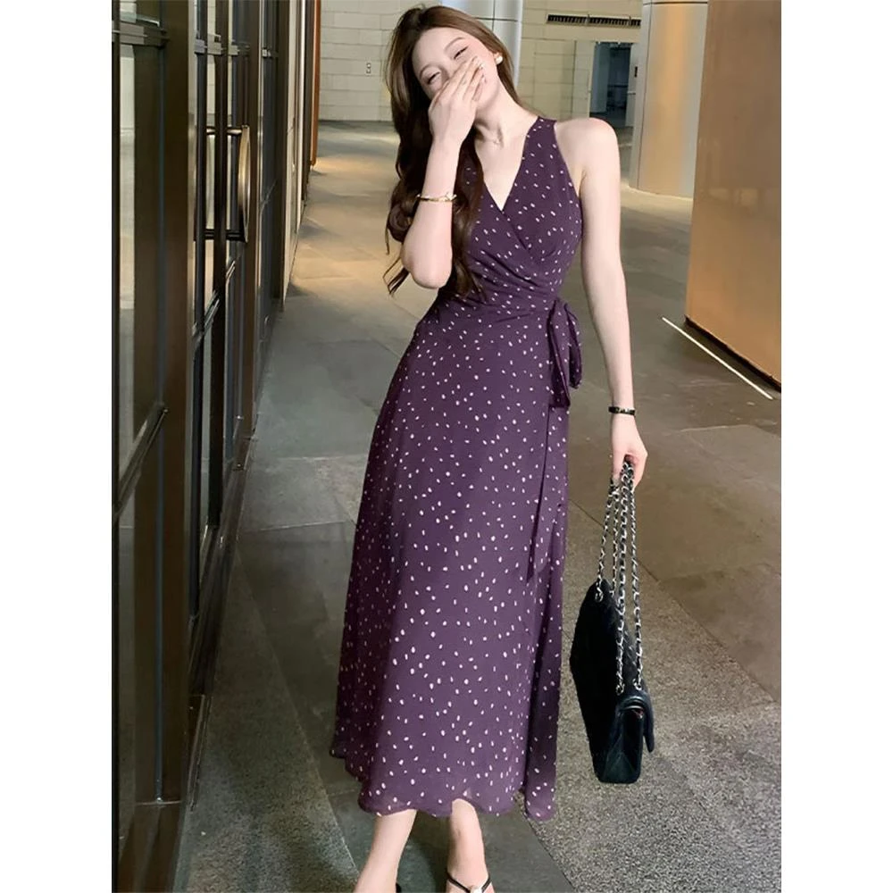 SZ【绮丽回忆】夏季新款雪纺一片式波点V领无袖修身连衣裙气质长裙