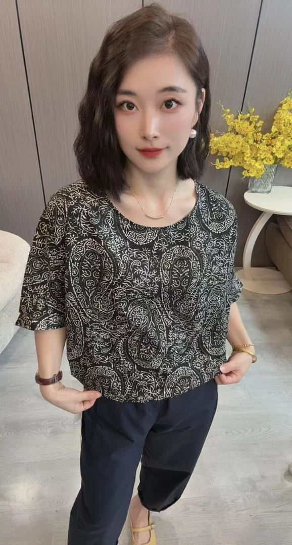 【海片】9971女士休闲时尚夏款蝙蝠衫短袖碎花小衫夏季百搭印花