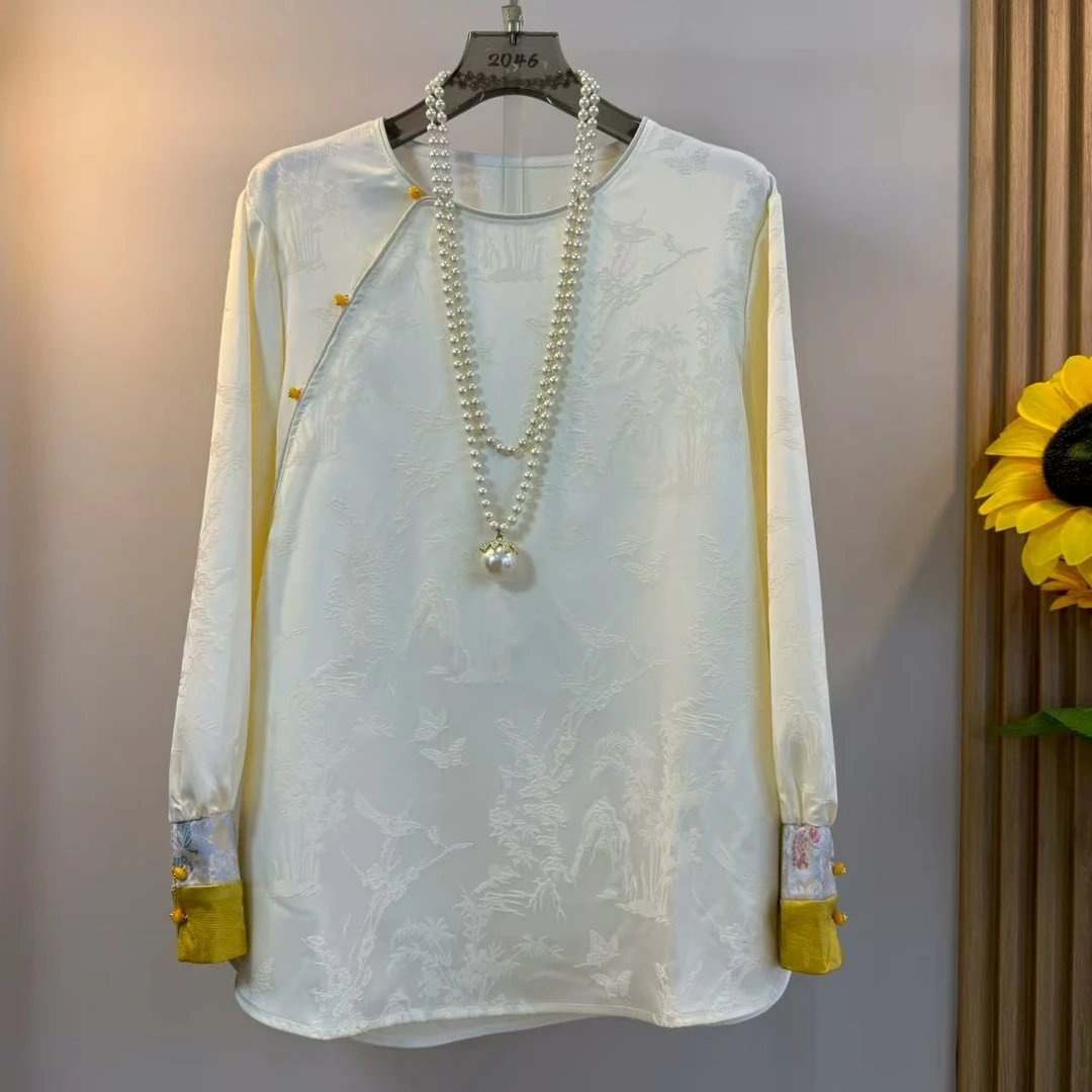 2025胖MM大码圆领花国风马甲拼色袖口打底衫上衣大码女装秋季宽松