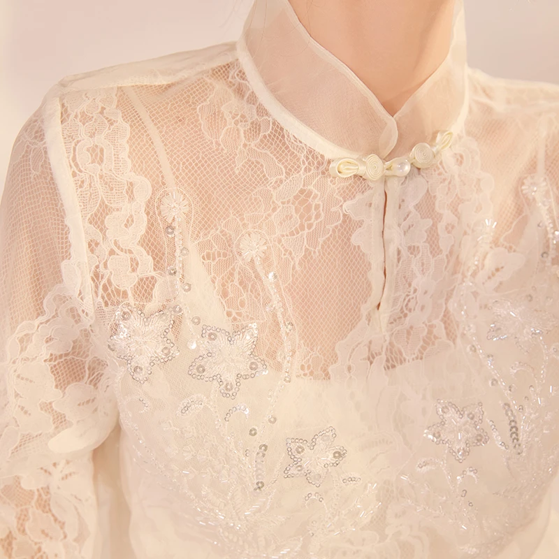 【雾里花】新中式春夏设计衬衫气质立领盘扣刺绣桑蚕丝上衣女 N2075