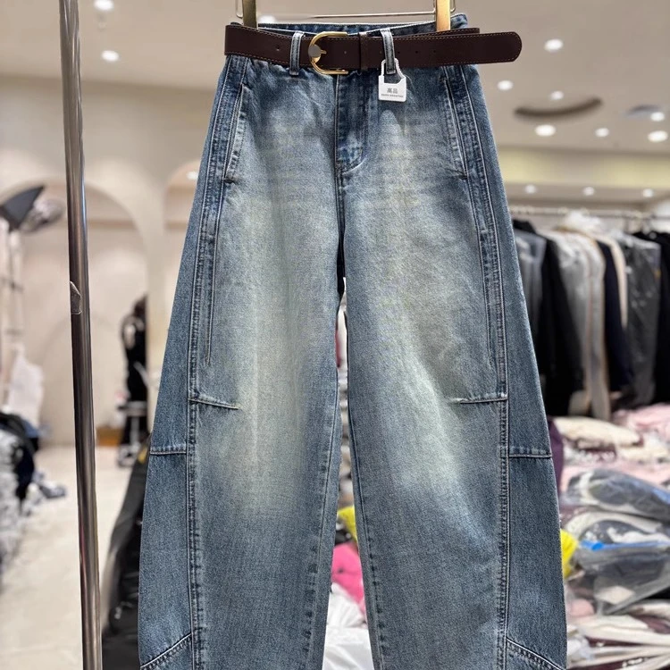 2025春新款立裁拼接牛仔裤女显瘦弯刀裤欧货哈伦裤梨型身材香蕉裤