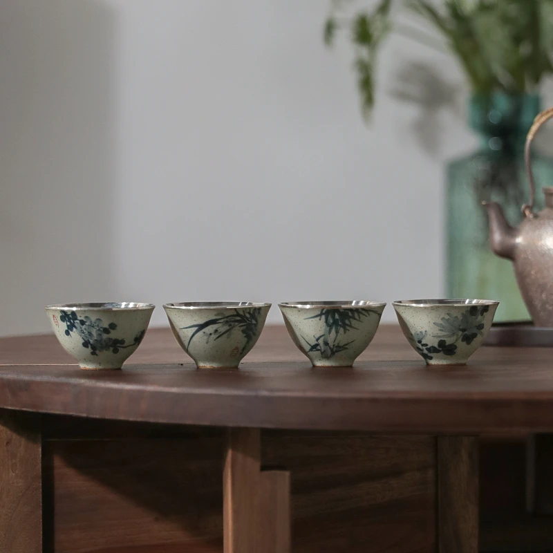 纯手工包银杯主人杯足银999手绘复古梅兰竹菊套装茶具茶杯 四君子